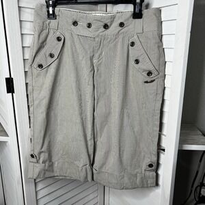 OBEY Women's Pinstripe Shorts Brown & White Sz 28 Metal‎ Sword Logo Buttons NWOT